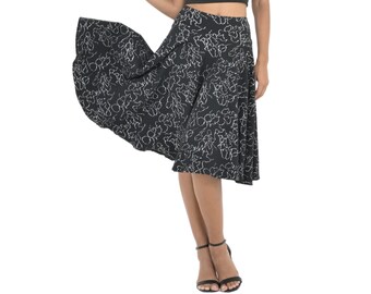 フルスイングダンススカート、ブラックアブストラクトラインプリント