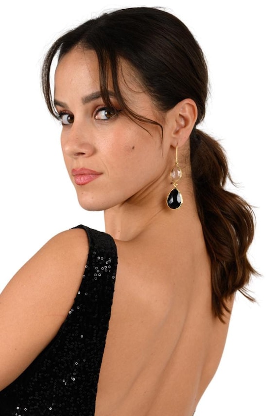 Tango dance earrings, Elegant black and gold earrings, Dangle teardrop  earrings, Double drop crystal rhinestone earrings, Milonga earrings