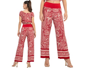 Damen Tango Hose, Rote Mandala und Paisley Hose, Gerade geschnittene Hose, Tanzhose mit Elastischer Taille, Salsa Hose mit weitem Bein