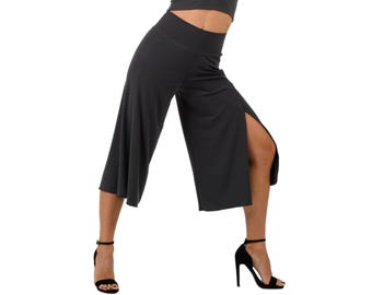 Tango dance pants, High side slit capri pants, Wide wrap cropped culottes, Women&#39;s activewear bottoms, Salsa practice pants, Loose leg pants