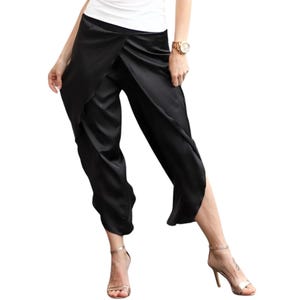 Women&#39;s Tango pants, Satin wrap cropped pants, High slit pants for social dance, Salsa performance pants, Flare asymmetric capri pants