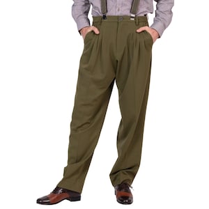 May include: Olive green high-waisted trousers featuring double pleats at the front, a button closure, belt loops, and side pockets. The trousers are paired with a light-colored button-down shirt and brown and black two-tone leather dress shoes.