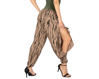 Zebra print satin harem style Tango dance pants with ruffled side slits