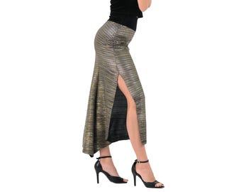 Metallic pleated midi asymmetric Tango dance skirt with slit