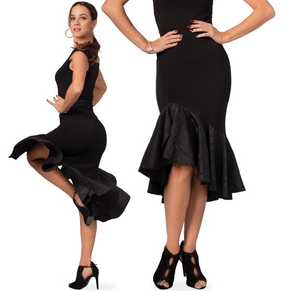 Argentine Tango skirt, Black taffeta ruffle finished skirt, Latin performance skirt, Elastic fitted evening skirt, Milonga show skirt