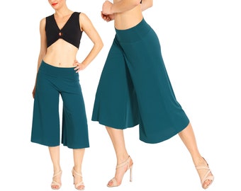 Loose jersey cropped culottes, Women's loungewear cropped pants, Yoga practice capri pants, Tango dance pants, Salsa wide leg capri pants
