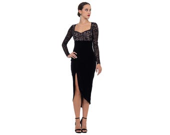 Black velvet Latin dance dress with lace top, Argentine Tango performance long sleeve dress, Ballroom competition dress with curved slit