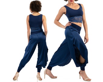 Tango dance pants, Loose leg satin pants, Women boho harem pants, Latin pants with side high slits, Ballroom performance pants, Salsa pants