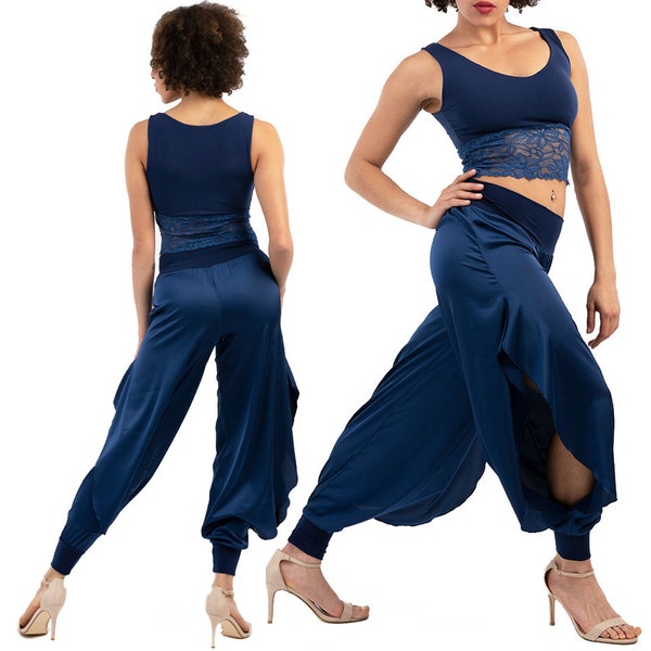 Tango Tanzhose, Satinhose mit weitem Bein, Frauen Boho Haremshose, Latein Hose mit seitlichen hohen Schlitzen, Standardtanz Hose, Salsa Hose