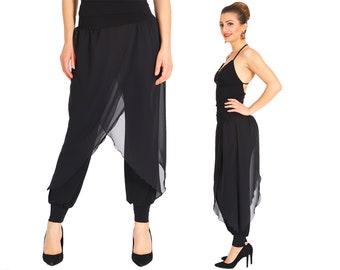 Tango Tanzhose, Ballroom Showhose, Schwarze transparente Layer-Tanzhose, Latein Tanzhose mit Mousseline-Overlay, Netz-Layer-Wickelhose