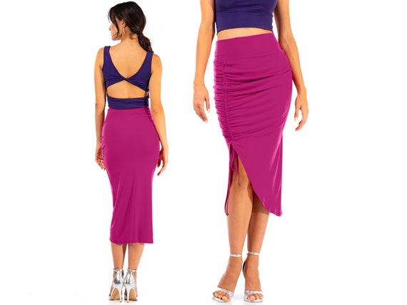 Women Ruched Skirt Slit Side Adjustable Drawstring Pencil Skirt 