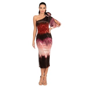 Reddish ombre velvet Tango dance dress with slitted one sleeve