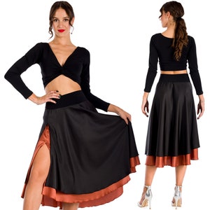 Ballroom performance skirt, Argentine Tango skirt, Black satin two layered skirt, Waltz dance skirt, Feminine high slit skirt