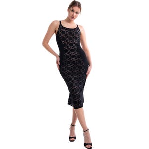 Black lace Argentine Tango dance dress, Milonga performance lace dress with slitted tail, Asymmetric pencil lace dress with spaghetti straps