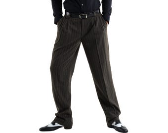 Men's Tango dance pants, Warm gray striped men's pants, Classic men's pants with three pleats, Men's Ballroom performance pants