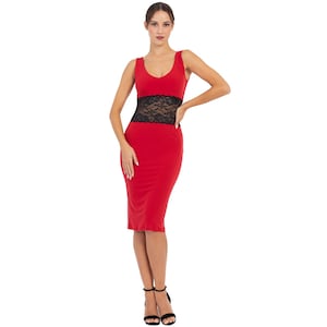 Red Rumba dance dress with black lace waist, Tango performance sleeveless pencil dress, Latin practice stretch fitted dress with back slit