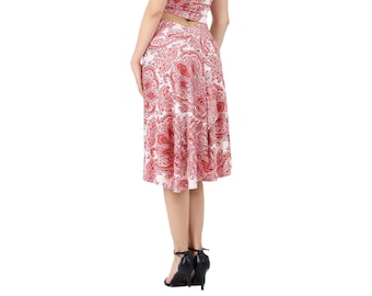Red mandala print Tango dance skirt with rich back draping