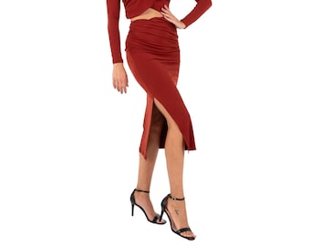 Ruched draped Tango dance skirt with side slit