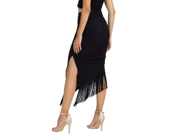 Bodycon asymmetric Tango dance midi skirt with fringes