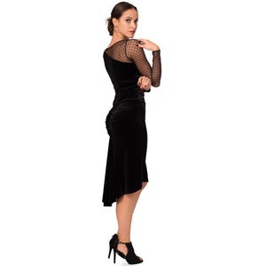 Argentinische Tango Aufführung Samt Kleid, Rumba Tanz Bleistift Fischschwanz Kleid mit langen ärmeln, Ein gepunktete Tüll Ärmel eng sitzende Latein Kleid