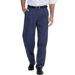 May include: Navy blue pinstripe trousers with a black belt. The pants have pleats at the waist and are worn with black dress shoes. The trousers are a classic style.