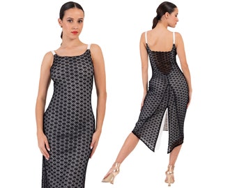 Robe de performance latine, robe de danse tango, robe en dentelle noire avec queue fendue, robe décolletée dans le dos recouverte de dentelle, robe de spectacle milonga