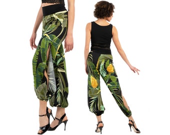 Social dancing practice pants, Tropical plant printed pants, Argentine Tango pants, Side high slit loose pants, Latin performance pants