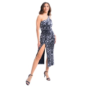Vestido de baile de tango asimétrico de terciopelo gris con estampado damasco