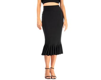 May include: A solid black midi-length skirt featuring a high-waisted fit and a flared ruffle hem. The skirt is constructed from a smooth, opaque fabric that contours the hips and thighs before extending into a pleated ruffle detail at the bottom.