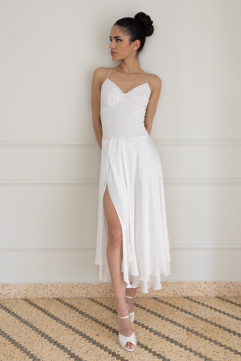 white crop top dress Crop Top Lace Two Piece Boho Wedding Dresses, MW509 main image 0