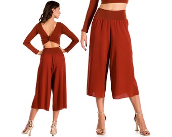 Tango practice pants, Brick red cropped culottes, Airy elastic waist pants, Milonga dance wrap pants, Comfortable short loose leg pants