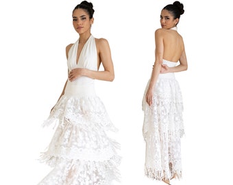 Traje de novia de tango argentino, falda con flecos de encaje transparente, conjuntos de boda boho de verano, conjunto nupcial blanco de dos piezas, traje de baile de salón