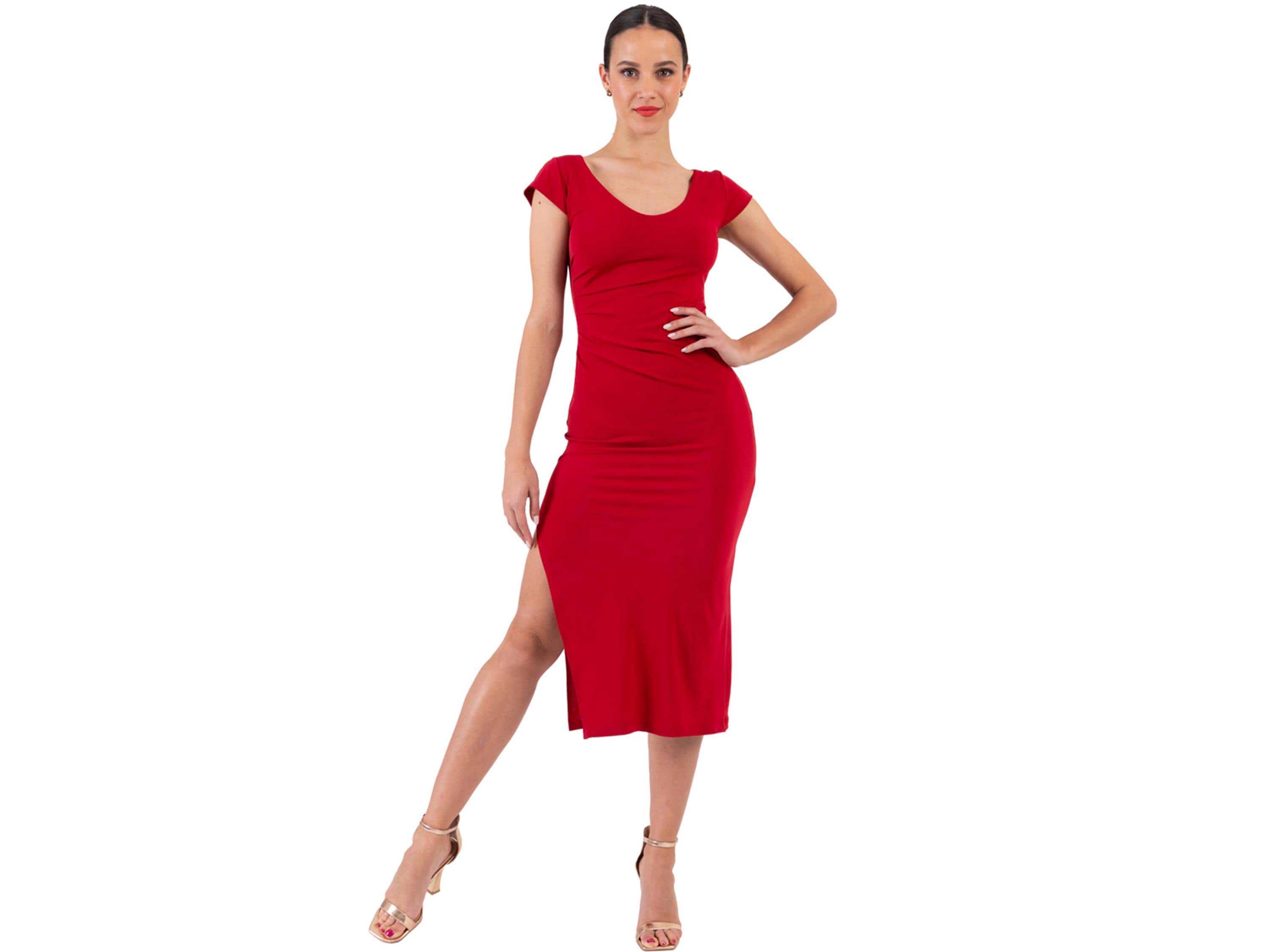 Argentine Tango Midi Dress, Bodycon Midi Dress with High Slit, Latin Practice Dress, Elegant U Shaped Neck Dress, Bachata Dance Dress Argentine Tango Midi Dress, Bodycon Midi Dress with High Slit, Latin Practice Dress, Elegant U Shaped Neck Dress, Bachata Dance Dress