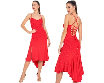 Argentine Tango dress, Red polka dot dress with lace-up back, Spaghetti strap dress, Latin show dress, Dance dress with rich draped tail