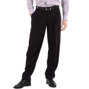 May include: Black pinstripe dress pants with a black belt.