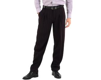 Tango performance men's pants, Eggplant striped pants with four pleats, Men's evening wide leg pants, Ballroom dance pants for men