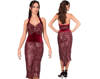 Argentine Tango dress, Evening burgundy paillette dress, Ballroom show dress, Milonga fishtail dress, Shiny festive bodycon dress