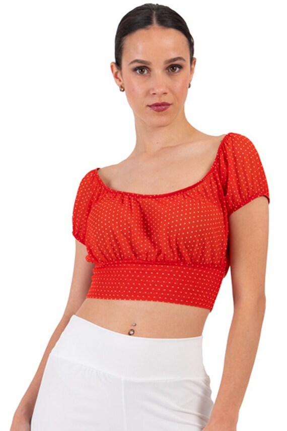 red polka dot off the shoulder top