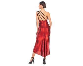 Red metallic Tango dance midi dress with multi strap back and slit