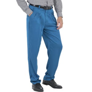 May include: A pair of blue pleated pants with a belt loop and a front pocket.