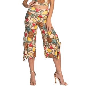 Colorful fruit print Tango dance capri pants, Salsa performance side ruffled crop pants, Rumba dance loose leg asymmetric pants with ruffles