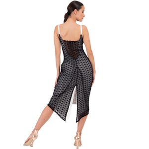 Tango dance lace dress with slitted tail, Latin performance dress with low open back covered with lace, Asymmetric bodycon Milonga dress