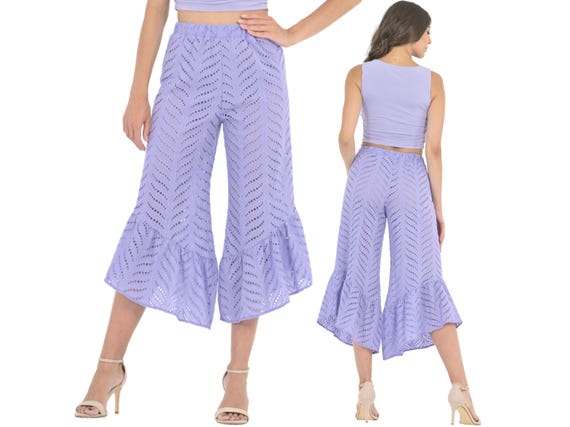 Tango Dance Pants Lavender Eyelet Embroidery Pants Hippie Bell Leg Capri Pants Asymmetric Cropped Ruffle Pants Milonga Show Loose Pants Etsy UK