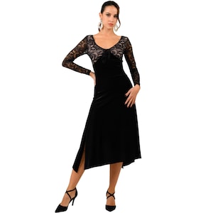 Latin dance dress, Velvet dress with long lace sleeves, Rumba performance dress, Argentine Tango dress, Crisscross back straight dress