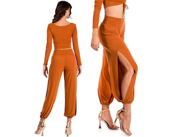 Argentine Tango pants, Bronze orange gathered pants, Milonga trousers, High slit elastic pants, Salsa practice pants, Bachata dance pants