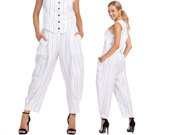 White striped linen pants, Women's tailored tapered trousers, Argentine Tango pants, Baggy wide leg pants for ladies, Casual suit pants