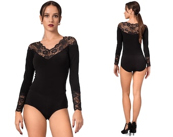 Argentine Tango bodysuit, Feminine lace décolletage bodysuit, Elastic fitted jersey bodysuit, Dance occasion stretch bodysuit