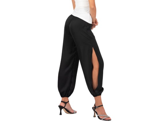 Tango dance satin gathered pants with slits, Comfortable stretch waist Babucha dance pants, Rumba practice pants with elastic ankle cuffs
