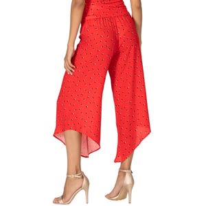 Red confetti print georgette Tango dance pants, Asymmetric crop Salsa pants with side slits, Loose stretch waist Milonga capri pants