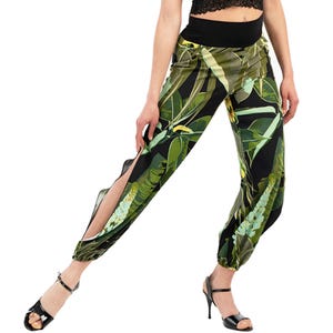 Green tropical plant print Tango dance pants, Rumba practice gathered ankle pants with slits, Comfortable loose leg Salsa dance pants